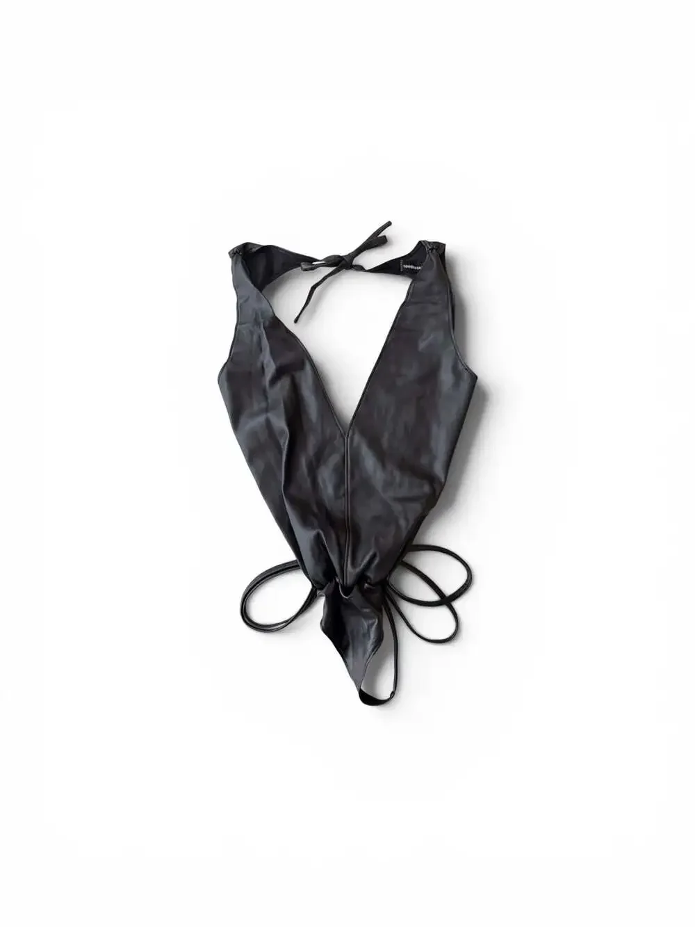 Maniere De Voir Faux Vegan Leather Halter Bodysuit with Waist Tie Detail